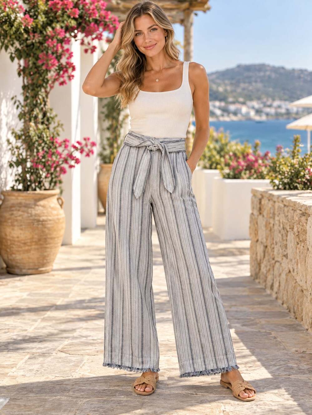 Cloth & Stone Striped Linen Blend Wide Leg Crop Pants Tie Waist Blue White L